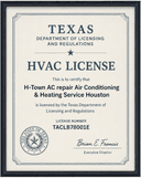 H-Town Texas HVAC license #TACLB78001E, #RPM18789 certificate